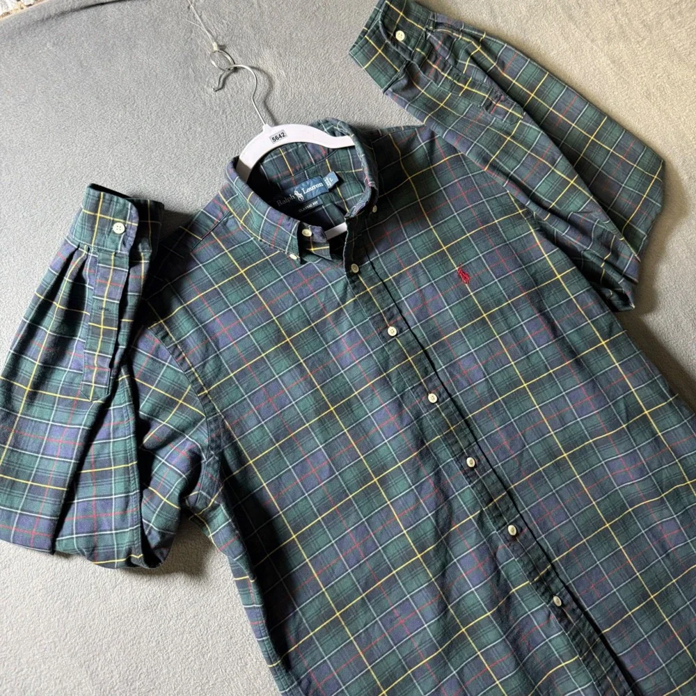 Ralph Lauren Mens Classic Fit Green Tartan Plaid Button Down Shirt Large